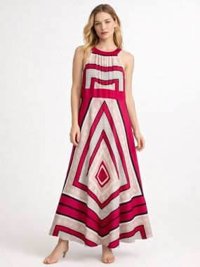 Eliza J Maxi Dress 6P Petite Pink Geometric Halter Sleeveless Tie Back Lined